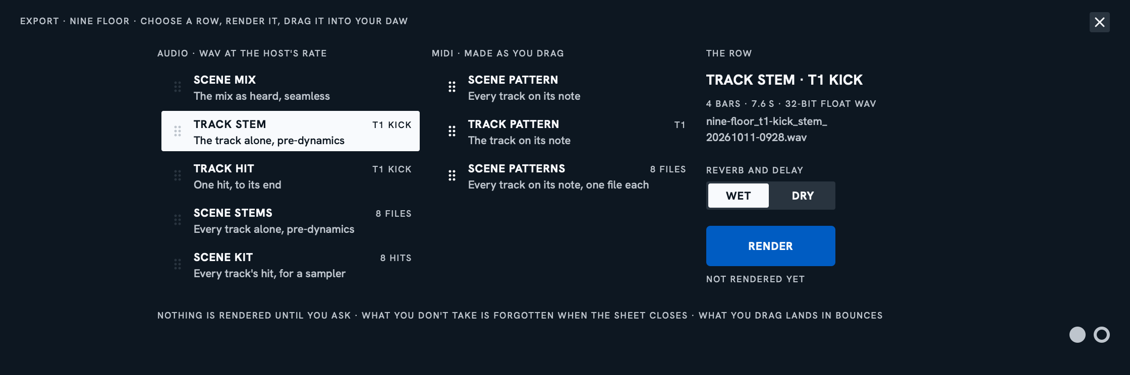 The export sheet: the scene mix, a track stem, a track hit, all stems and the kit as audio; the scene's and a track's pattern as MIDI; each a row to drag or to save.