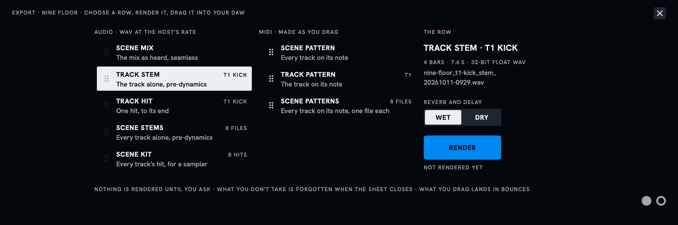 The export sheet: the scene mix, a track stem, a track hit, all stems and the kit as audio; the scene's and a track's pattern as MIDI; each a row to drag or to save.