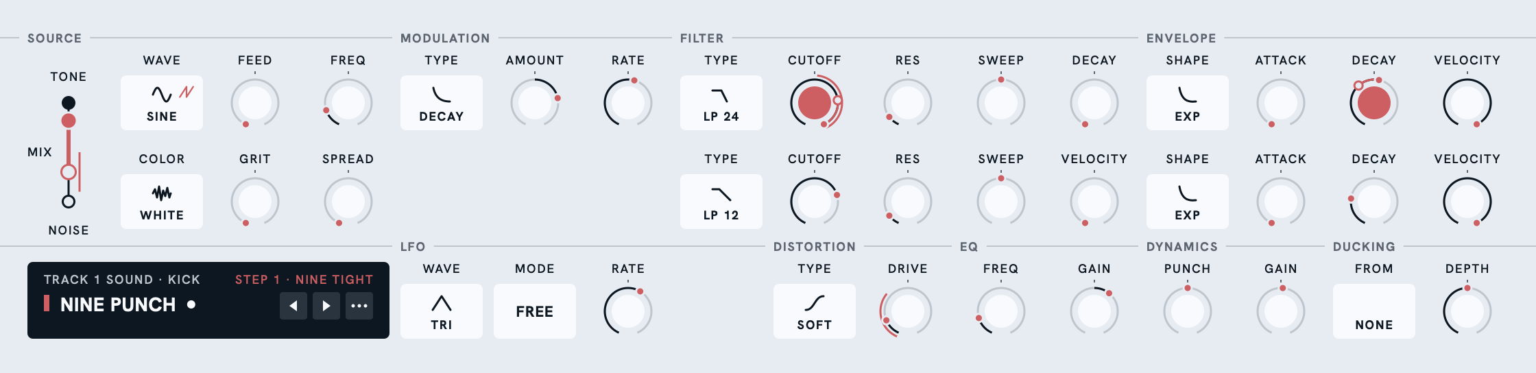 The sound plane with locks on the selected step, each locked knob's ring in the track's color, and the LFO's range drawn just outside the knobs it moves: CUTOFF, DRIVE and the MIX.