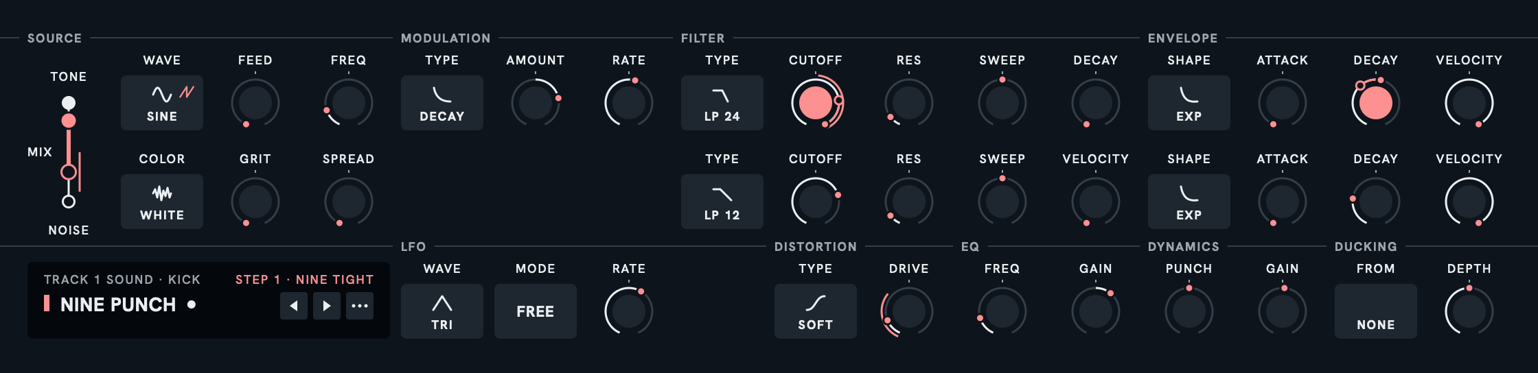 The sound plane with locks on the selected step, each locked knob's ring in the track's color, and the LFO's range drawn just outside the knobs it moves: CUTOFF, DRIVE and the MIX.