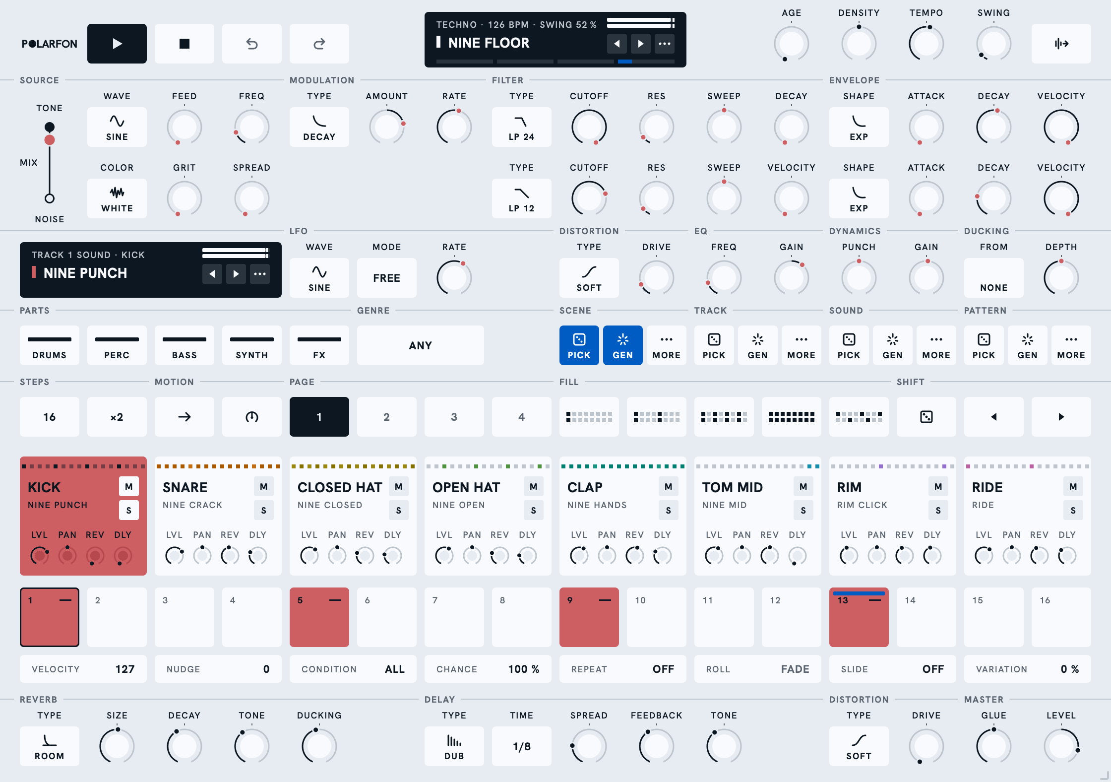 Drum's panel: the header with the transport and the screen, the sound of the selected track, the keys that write a scene, eight pads, sixteen steps and their tools, and a reverb, a delay and a master stage.