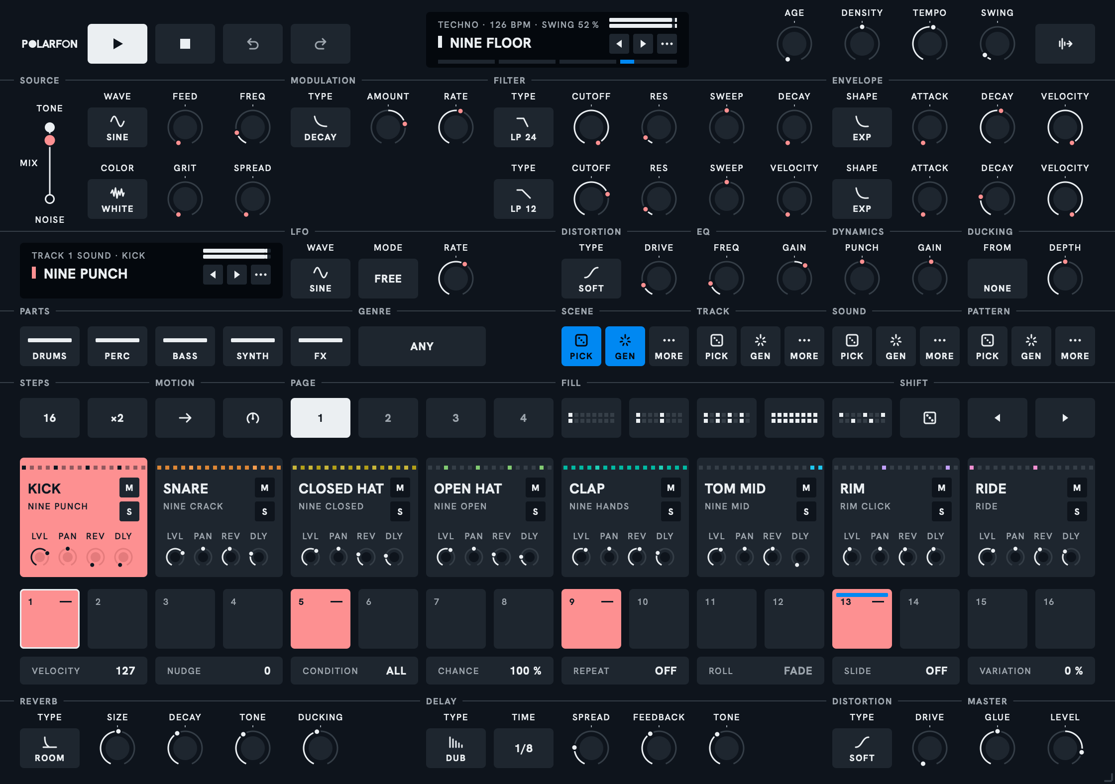 Drum's panel: the header, the sound of the selected track, the keys that write a scene, eight pads, sixteen steps, and a reverb, a delay and a master stage.