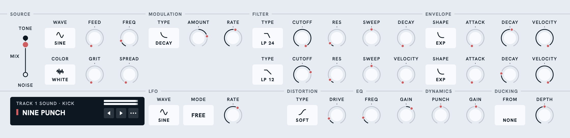 The sound plane: a TONE row and a NOISE row with the MIX between them, then the track's LFO and the chain: DISTORTION, EQ, DYNAMICS and DUCKING.