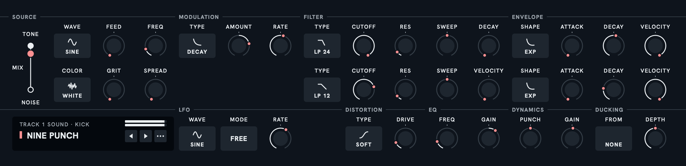 The sound plane: a TONE row and a NOISE row with the MIX between them, then the track's LFO and the chain: DISTORTION, EQ, DYNAMICS and DUCKING.